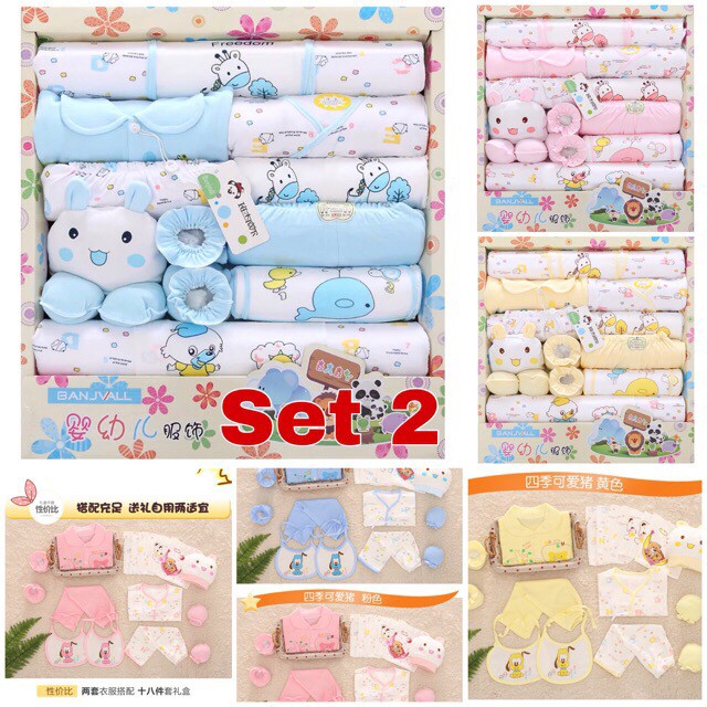 ( tặng giỏ đựng ) Sét sơ sinh cho be 18 món 100% cotton cao cấp .