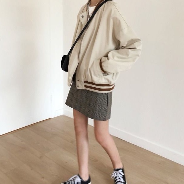 IMAODOU Harajuku Korean Fashion Style Loose Baseball Jacket For Women Short Striped Collar Simple New Style