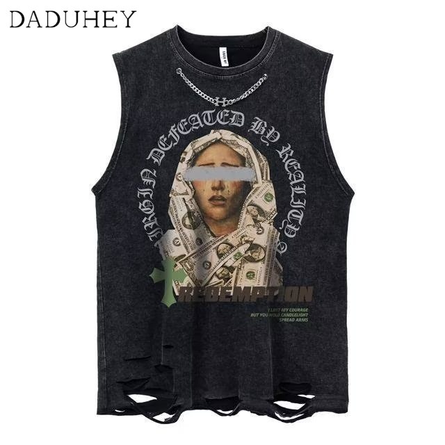 Áo thun vòng cổ dáng rộng không tay mùa hè phong cách Mỹ thời trang đường phố cao cấp phong cách Retro hip hop cho nam