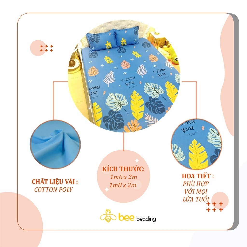 Ga gối poly, bộ ga giường 3 món cotton poly Bee Bedding, bộ vỏ ga trải giường + 2 vỏ gối, drap 1m6, 1m8 x 2m, ra cute