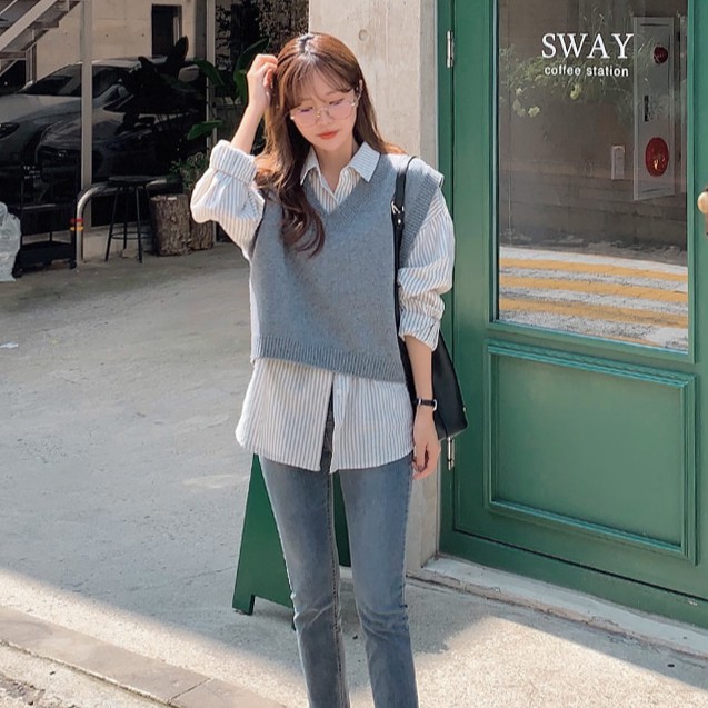 Áo sơ mi dài tay kẻ sọc/ Áo khoác không tay cổ chữ V màu trơn Peppermint 38053 xinh xắn dành cho nữ