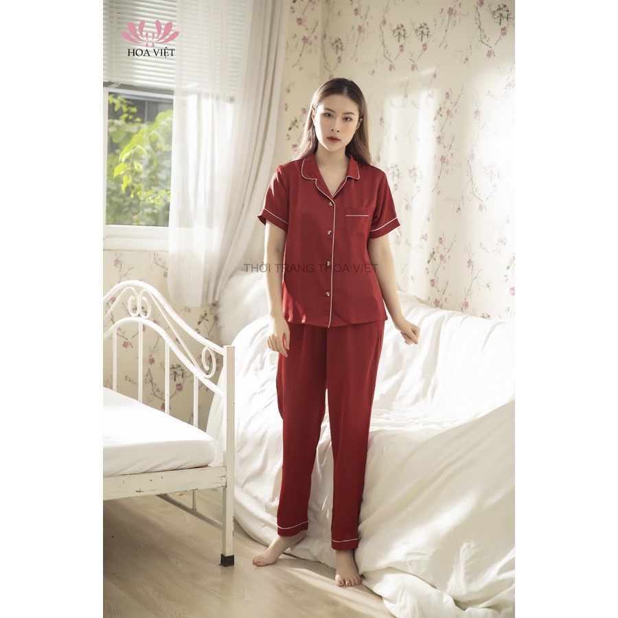 Bộ pijama lụa đỏ cộc tay Hoa Việt