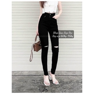 (Size đại 32-36) Quần jean skinny đen rách 2 gối tua lai