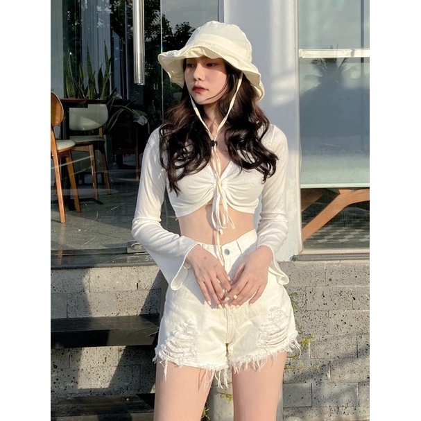 Áo Croptop Tay Dài Rút Ngực Tay Loe ⚡ YUMI BÁN SỈ