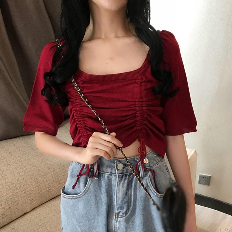 Áo Croptop Dệt Kim Tay Ngắn Phối Dây Rút Phong Cách Hàn Quốc