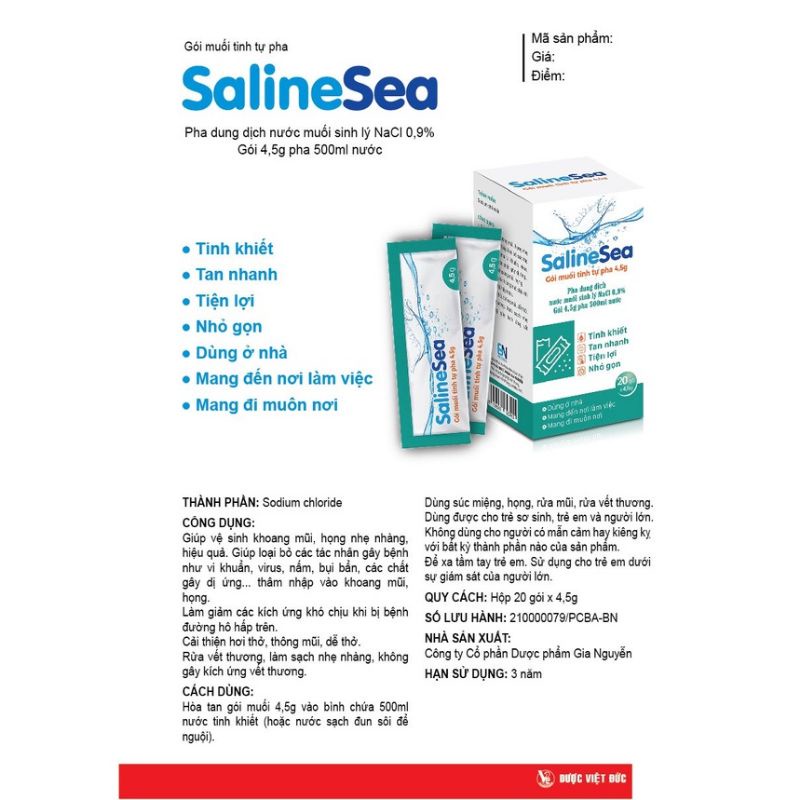 Muối sinh lý tự pha SalineSea hộp 20 gói dùng pha nước súc miệng, rửa mũi rửa vết thương