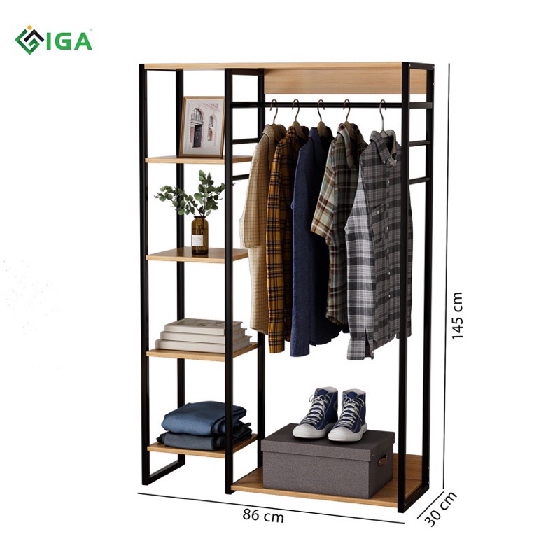 Tủ kệ treo quần áo khung sắt kệ gỗ LHanger GM08