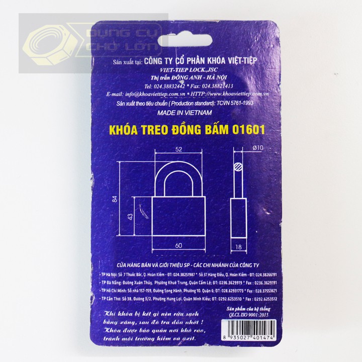 [CHÍNH HÃNG] Ổ khóa treo đồng bấm Việt tiệp 01601 - Nhiều size 40mm, 50mm, 60m