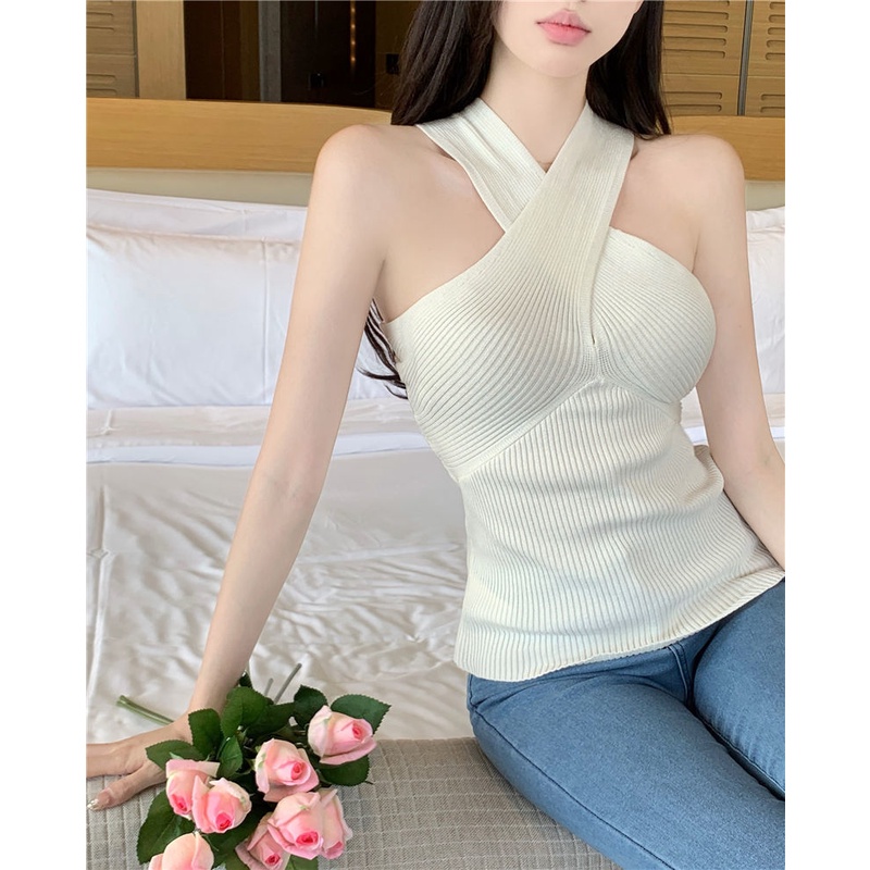 Áo kiểu PURE CUBE dệt kim cổ yếm ôm dáng vừa vặn co giãn màu sắc phong cách retro thời trang quyến rũ dành cho nữ