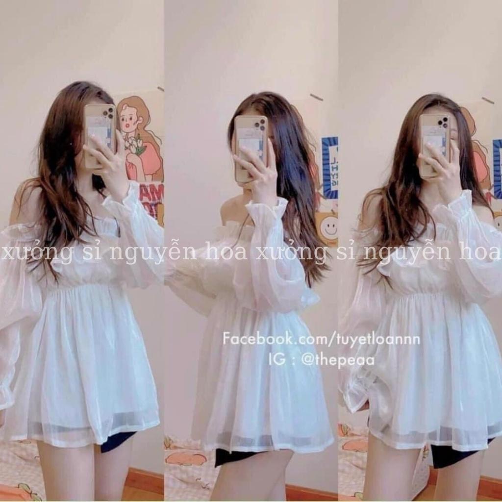 Áo babydoll trễ vai trắng chất voan tơ lụa 2 lớp phong cách tiểu thư dễ thương Xưởng Sỉ Nguyễn Hoa