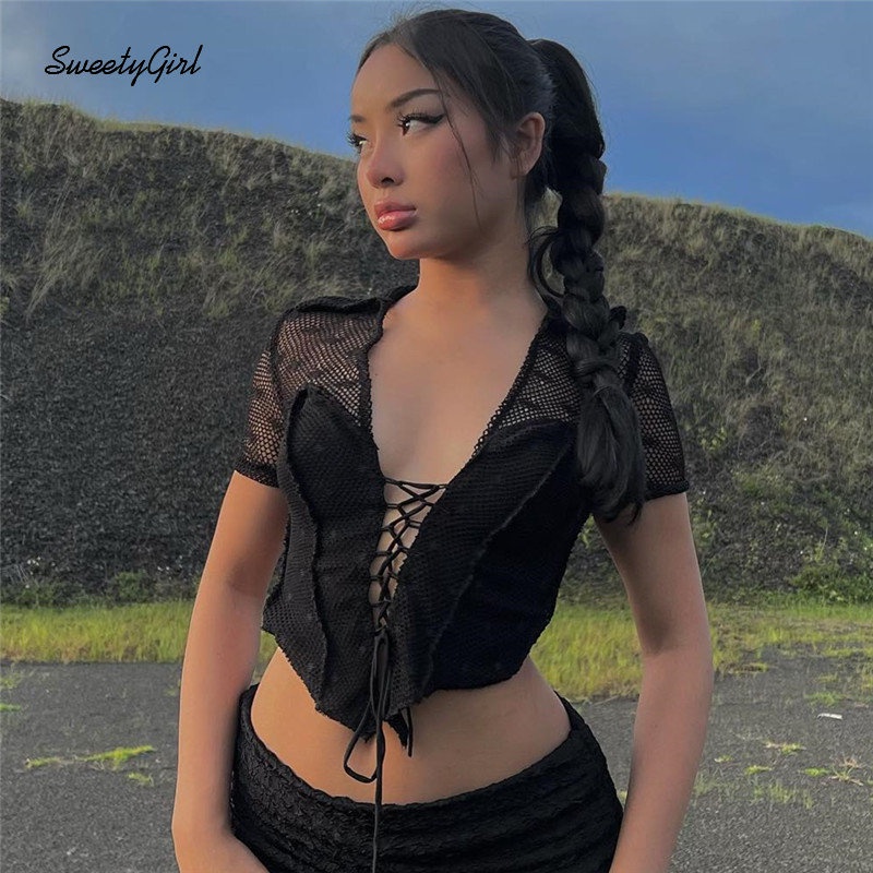 Áo Thun Tay Ngắn Cổ Chữ V Khoét Sâu Màu Đen Trơn Thời Trang 2022 Quyến Rũ Cho Nữ