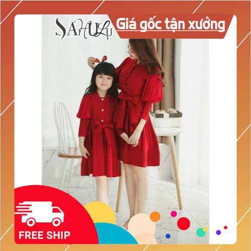 Shop Ngoc Trinh HCM - Shop Ngoc Trinh HCM - (LẺ BÉ) Set đầm đôi mẹ và bé ( đỏ cột nơ eo )---Siêu Hot Cam Kết Uy Tín Ca