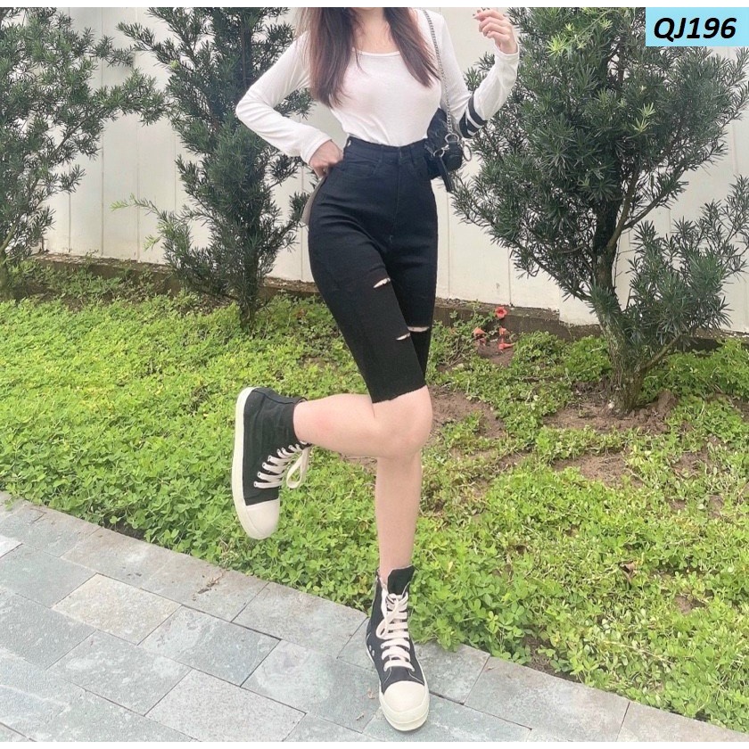 Quần ngố jeans co giãn rách gối lưng cao đẹp QJ196