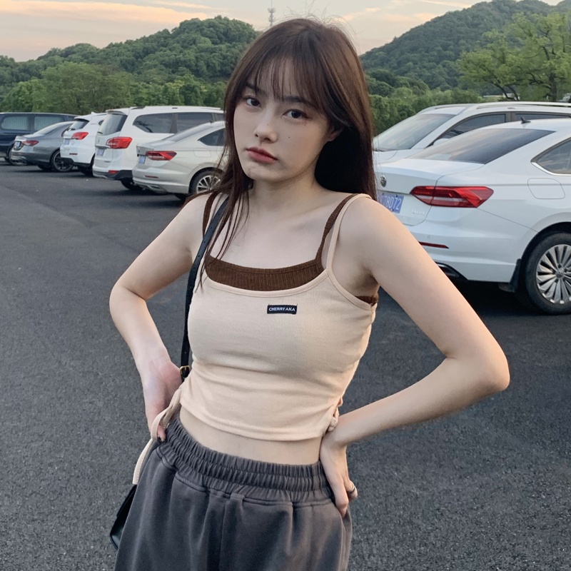 Áo Tank Top Giả Hai Lớp Dáng Ngắn Phong Cách Retro Mùa Hè Cho Nữ