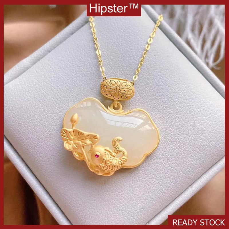 Vàng Dát Ngọc Trắng Lá Sen Hình Cá Mặt Dây Chuyền Đẹp, Mặt Dây Chuyền Nam Nữ