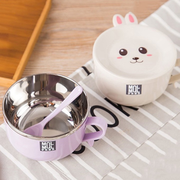 Bát úp mì mặt thỏ có tay cầm đáng yêu, bát đựng mì lõi inox giữ nhiệt chống nóng tiện ích