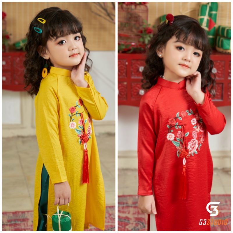 Sét áo dài cho bé 🎀LINLEE🎀 Áo dài cách tân mẹ bé màu vàng đỏ đẹp hàng VNXK  dành cho bé từ 12 tháng tới 35kg