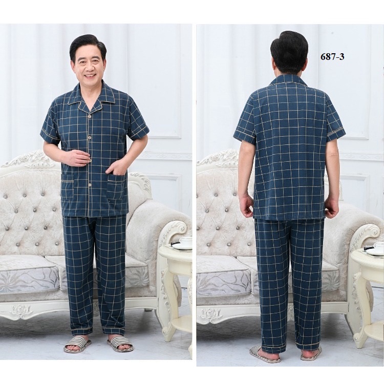 Bộ pyjama đồ ngủ nam cho Bố ngắn tay sọc caro vải cotton mềm mại dành cho người trung tuổi 9CY393 - Thời Trang Dương