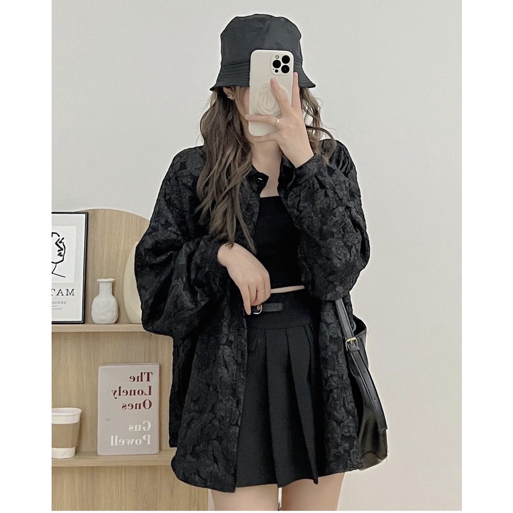Áo Sơ Mi Nữ Dáng Rộng Oversize Chất Gấm Xốp Hoa Nổi 3D Dài Tay - Hanju