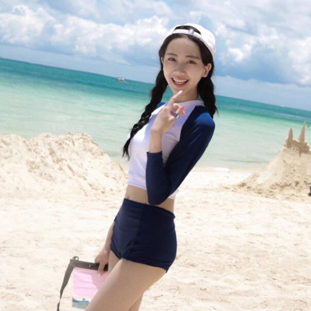 Bikini dài tay che nắng đi biển đồ bơi cạp cao tôn dáng Hàn Quốc ་