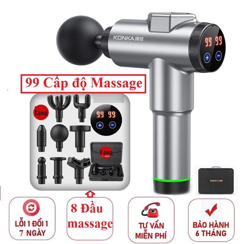 Máy massage cầm tay KONKA 8 đầu 99 cấp độ trị đau nhức toàn thân hiệu quả, súng massage kèm 8 đầu mát xa chuyên sâu
