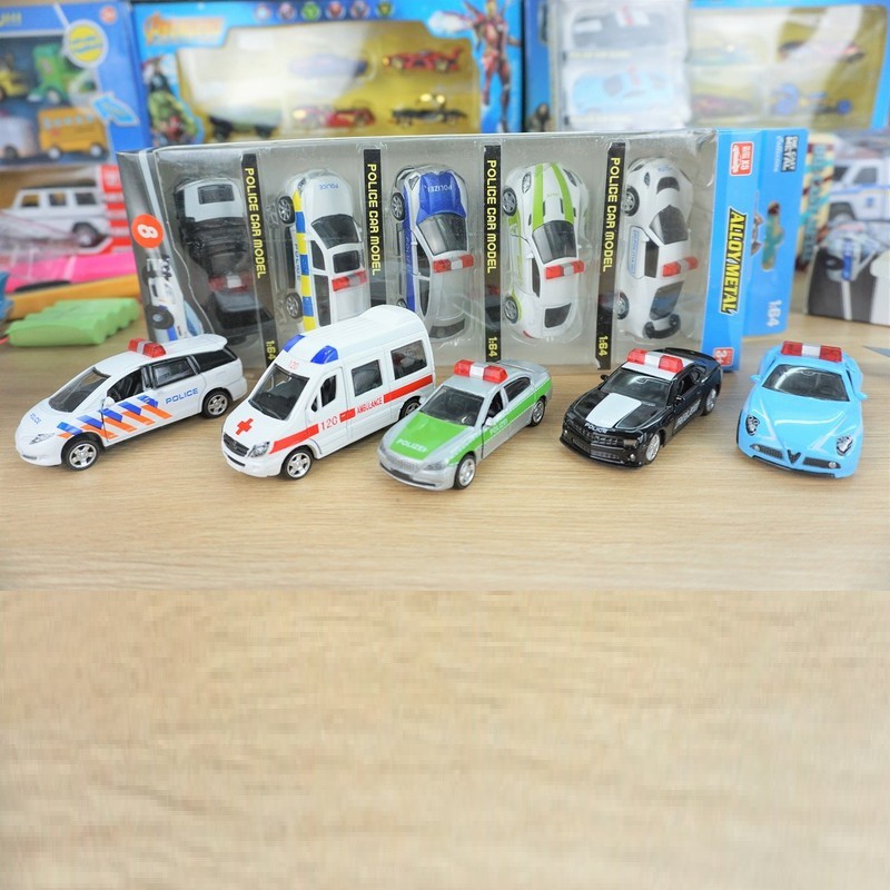 Đồ chơi xe ô tô cảnh sát mini bằng sắt chạy cót bộ 5 xe đồ chơi trẻ em
