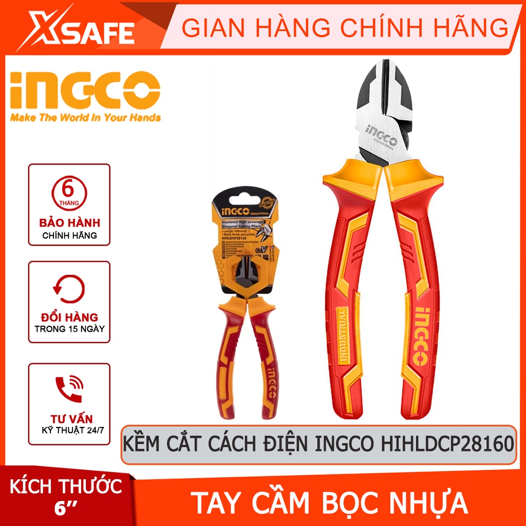 Kìm cắt cách điện cao cấp INGCO HIHLDCP28160 Kềm cách điện 6&quot; (160mm) lên đến 1000V, đầu kềm được mạ đen, đánh bóng