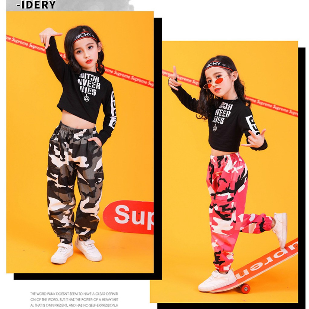 Bộ Trang Phục Biểu Diễn Họa Tiết Rằn Ri Phong Cách Hip Hop Cho Bé Gái