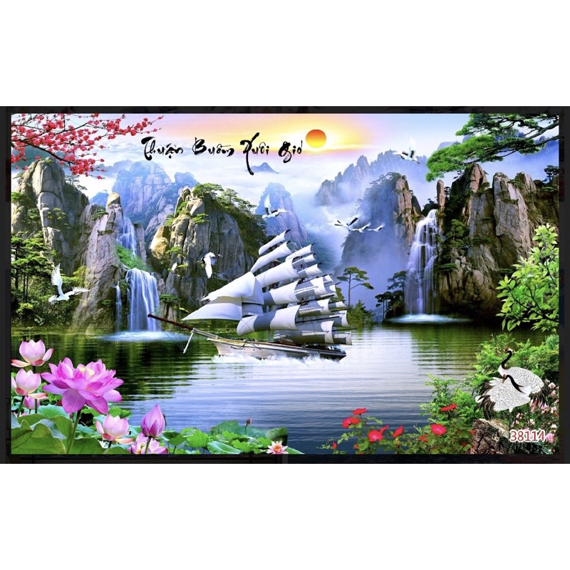 Tranh thuận buồm xuôi gió dán tường 3d. tranh in vải lụa không thấm nước, chống ẩm mốc siêu bền