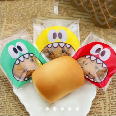 100Pcs Cartoon Monster Cookie Candy Bag Self-Adhesive Plastic