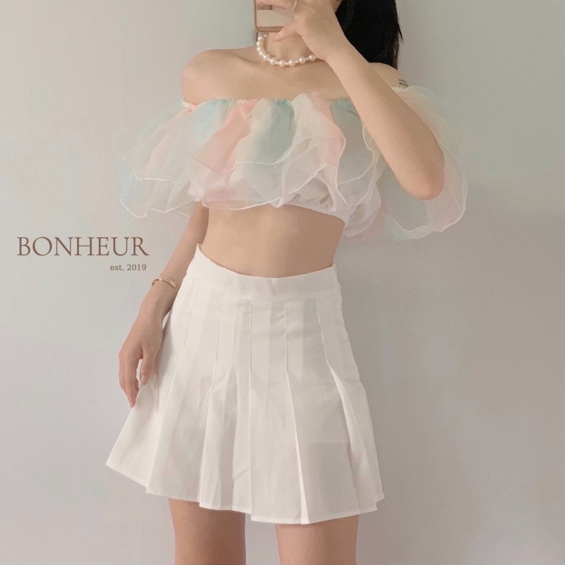 Áo bẹt vai cầu vồng, trễ vai voan kiến phối màu croptop - B5U