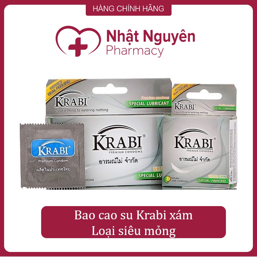 Bao cao su siêu mỏng KRABI xám hộp 3 chiếc và hộp 12 chiếc