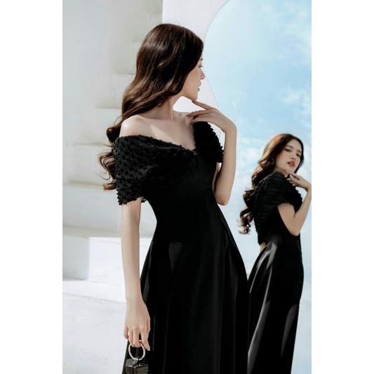 Váy Nữ Trễ Rớt Vai Nhíu Ngực Dáng Xoè Dài Chất Tuyết Thái Phối Voan Bi Size S M L V248 Màu Trắng Đen AĐ BOUTIQUE