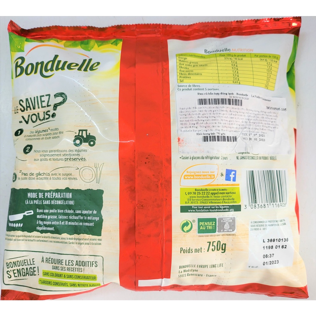 [Túi 750g – NHÃN ĐỎ] RAU CỦ HỖN HỢP NÊM SẴN PARISIENNE BONDUELLE (nw0)