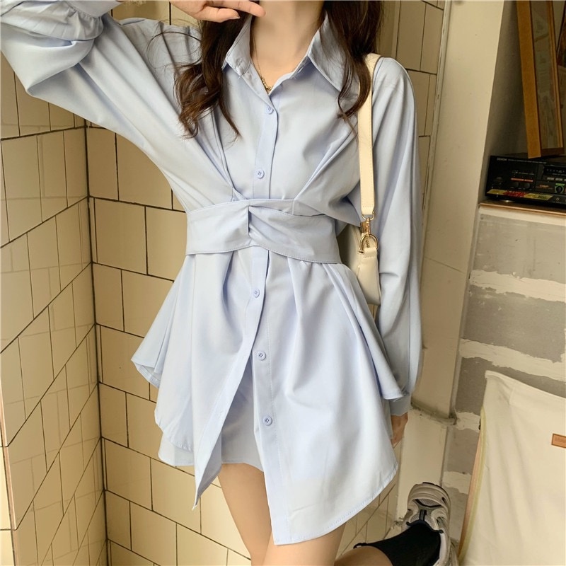 ZHELIHANGFEI Đầm Sơ Mi Dài Tay Cổ Bẻ Xinh Xắn Theo Phong Cách Pháp