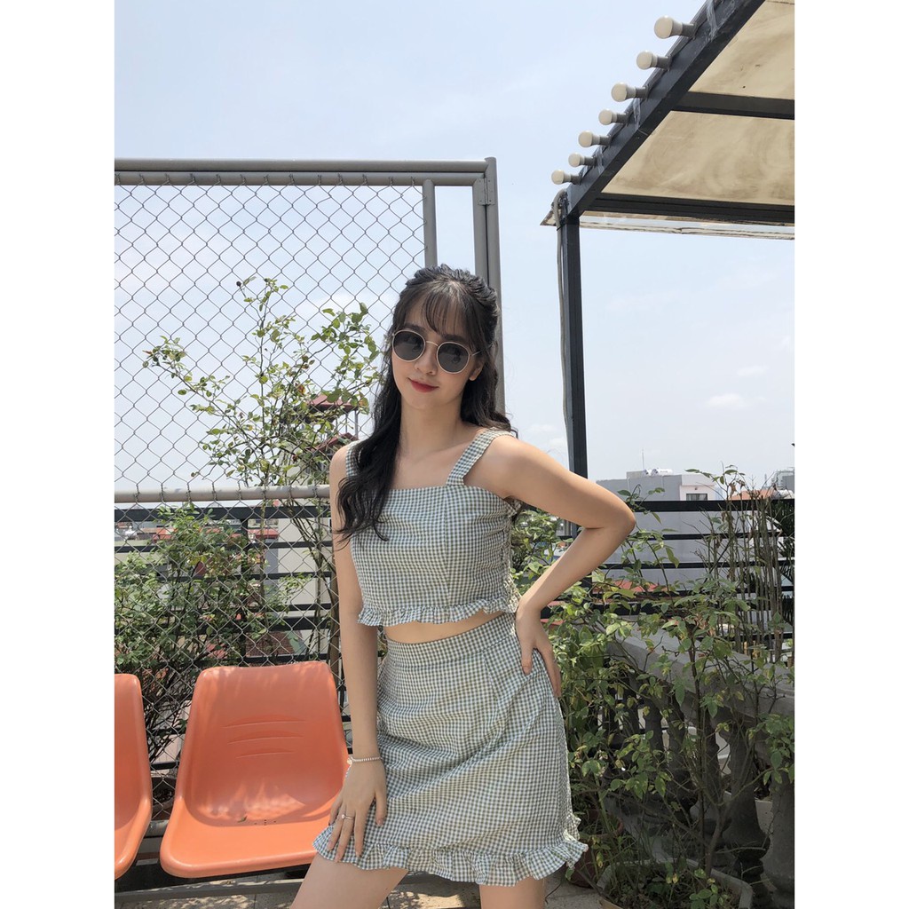SET ÁO 2 DÂY CHÂN VÁY KẺ Ô VIỀN BÈO TÍM ĐEN XANH ULLZANG - SET ÁO CROPTOP CHÂN VÁY CARO HOT