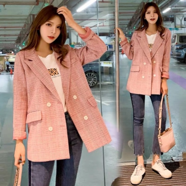 Ảnh thật/Order: Áo khoác Blazer kẻ Hồng cúc trắng Korea | BigBuy360 - bigbuy360.vn
