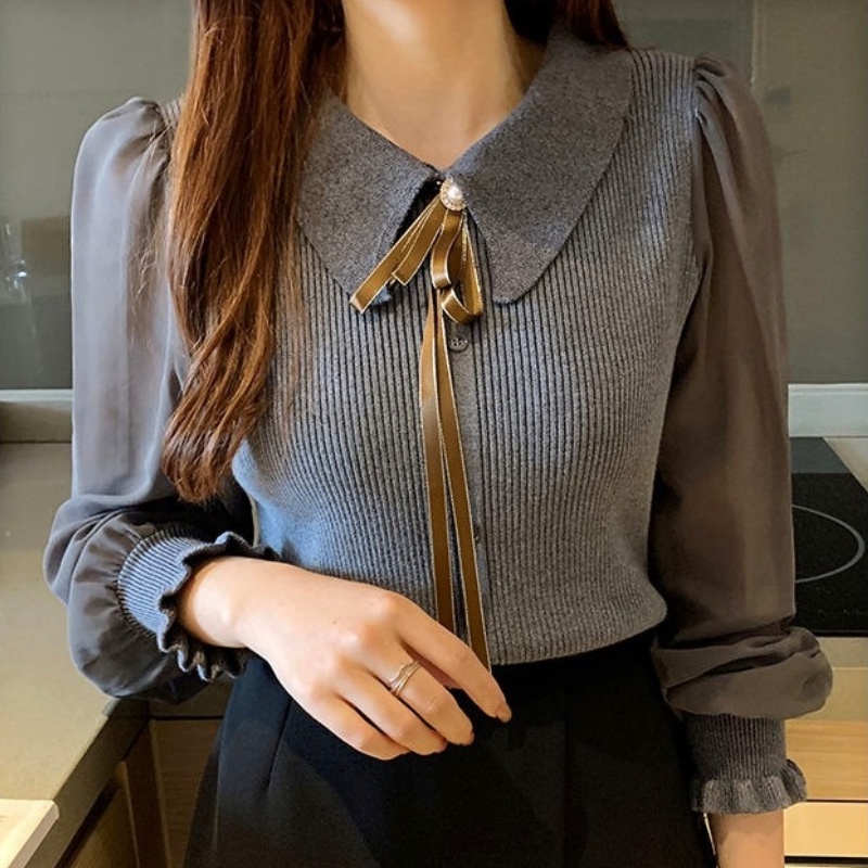 Áo Chiffon Dệt Kim Tay Phồng Cổ Búp Bê Dáng Ôm Thời Trang Mới Dành Cho Bạn Nữ