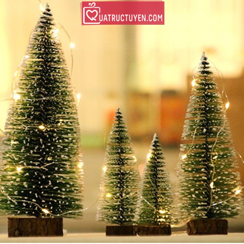 Bộ 3 cây thông noel lá phủ tuyết đế gỗ trang trí giáng sinh (30cm, 20cm, 10cm)