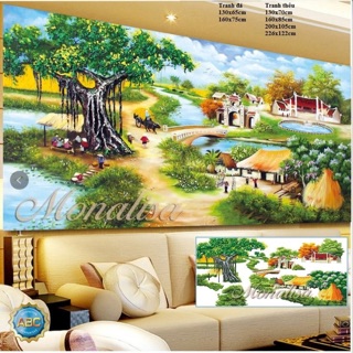 Tranh thêu chữ thập thêu kín cây đa giếng nước sân đình