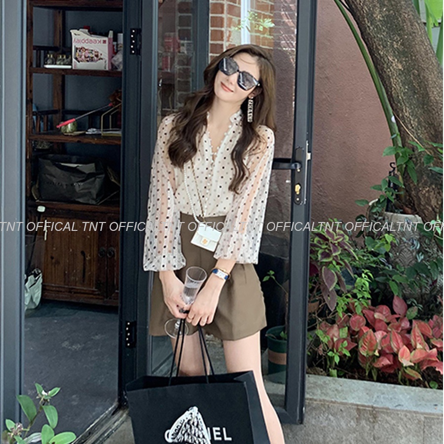 Áo sơ mi nữ ren kiểu hai lớp đẹp form rộng dài tay công sở, sơ mi nữ trắng dáng suông kiểu TNT