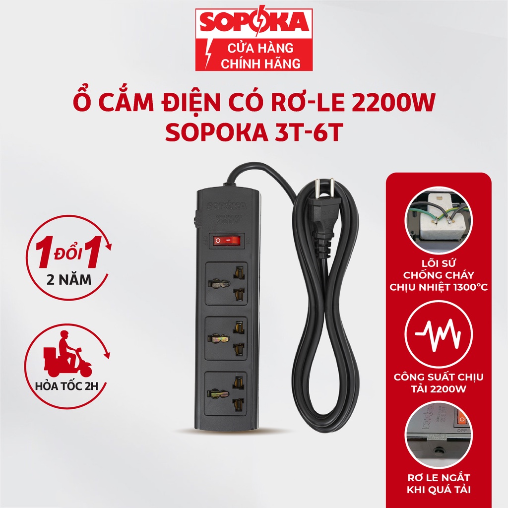 Ổ Cắm Điện Chịu Tải 3T3-6T3 SOPOKA 2200W Nhiều Lỗ Cắm Có Công Tắc Dây Dài 3M Chống Nước Chống Giật An Toàn Cho Trẻ Em