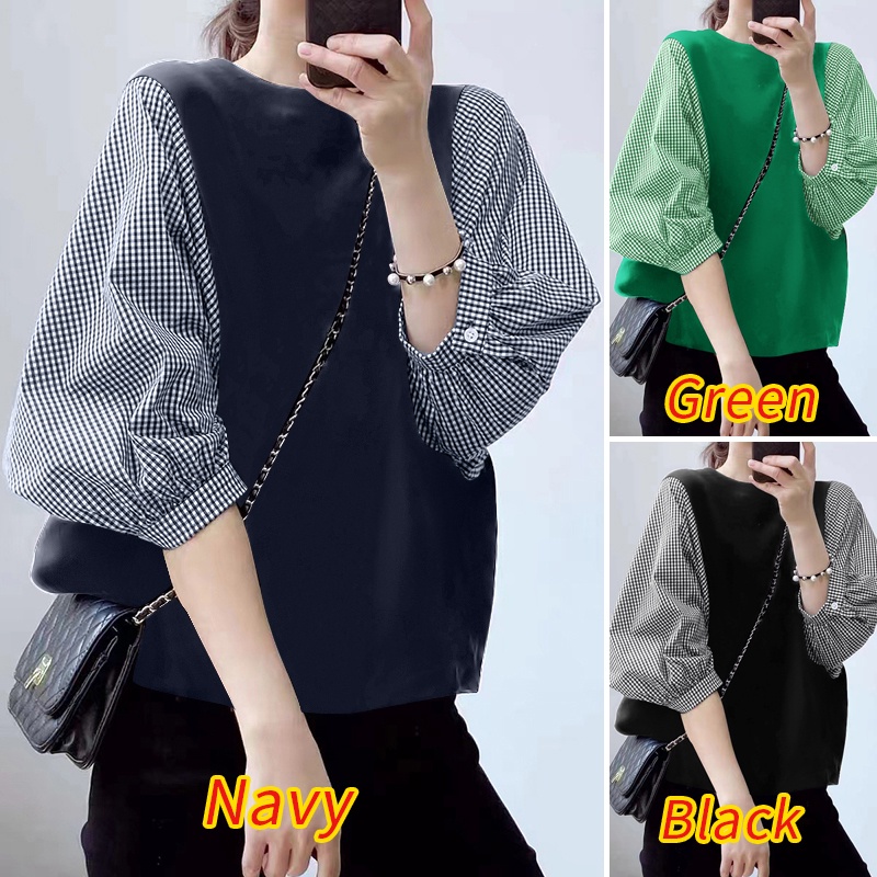 Zanzea Áo Kiểu Tay Phồng Họa Tiết Sọc Caro Màu Tương Phản Phong Cách Hàn Quốc Cho Nữ