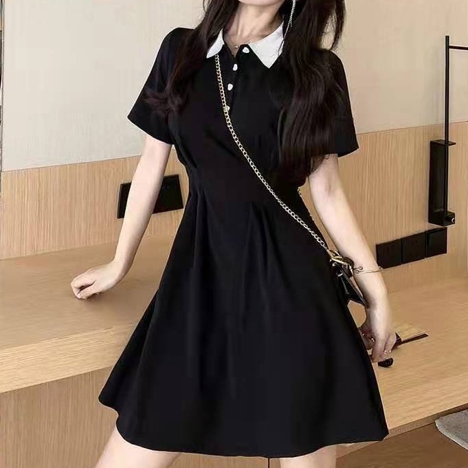 Váy Polo Nữ Triết Eo Phối Cổ Trắng Dáng Xòe Đầm Nữ Cộc Tay Cổ Sơ Mi Freesize