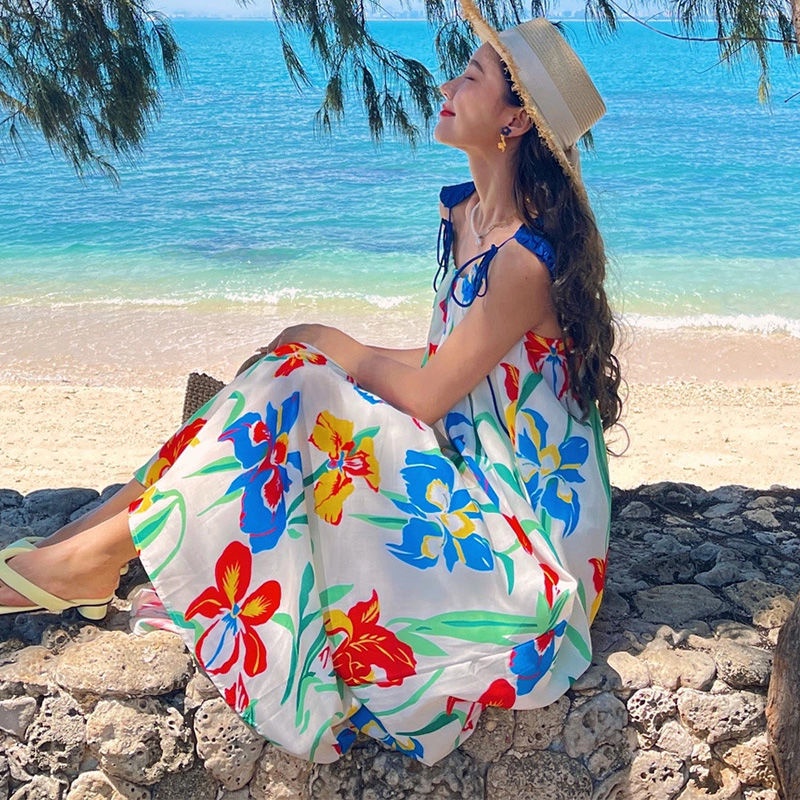 Đầm midi Hai Dây Dáng Dài Vải satin In Hoa Thời Trang Mùa Hè