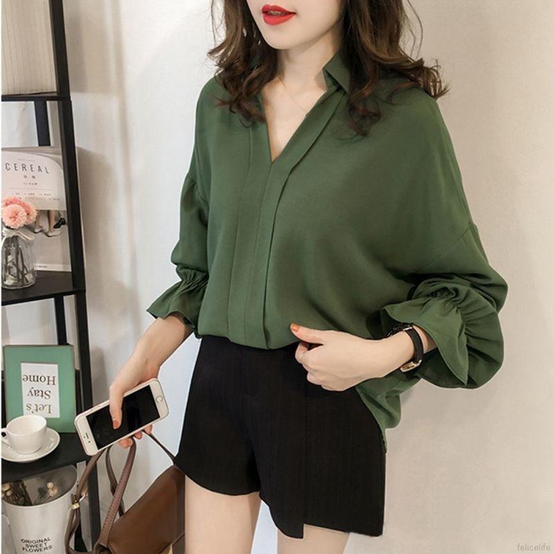 Áo dài tay màu trơn cổ sâu chữ V chất liệu chiffon thời trang nữ