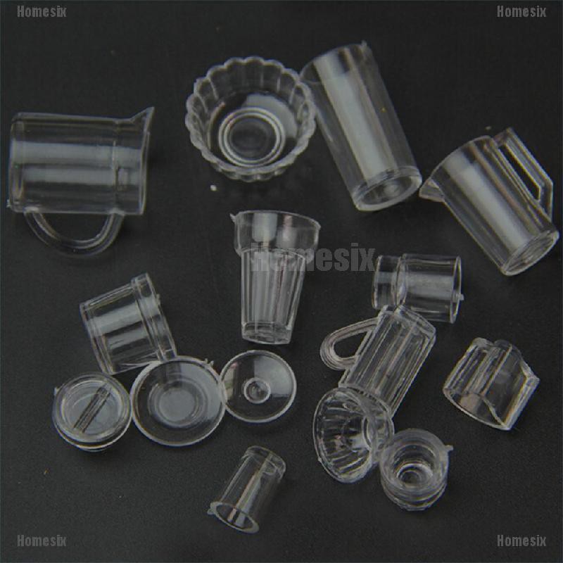 [YHOMX] 15pcs/Set Mini Transparent Drink Cups Dish Plate Tableware Miniatures TYU