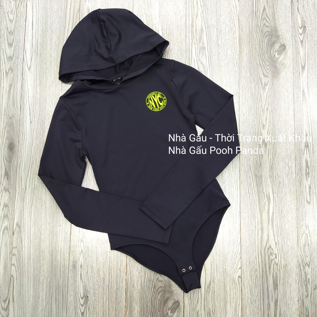 Bodysuit dáng hoodie nữ màu đen