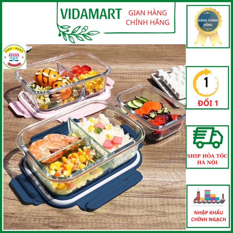 Hộp Thố Thuỷ Tinh Chia Ngăn Cao Cấp,Có Nắp Đậy ,Dùng Được Trong Lò Vi Sóng, 2 Ngăn 3 Ngăn Tiện Ích (Vidamart)