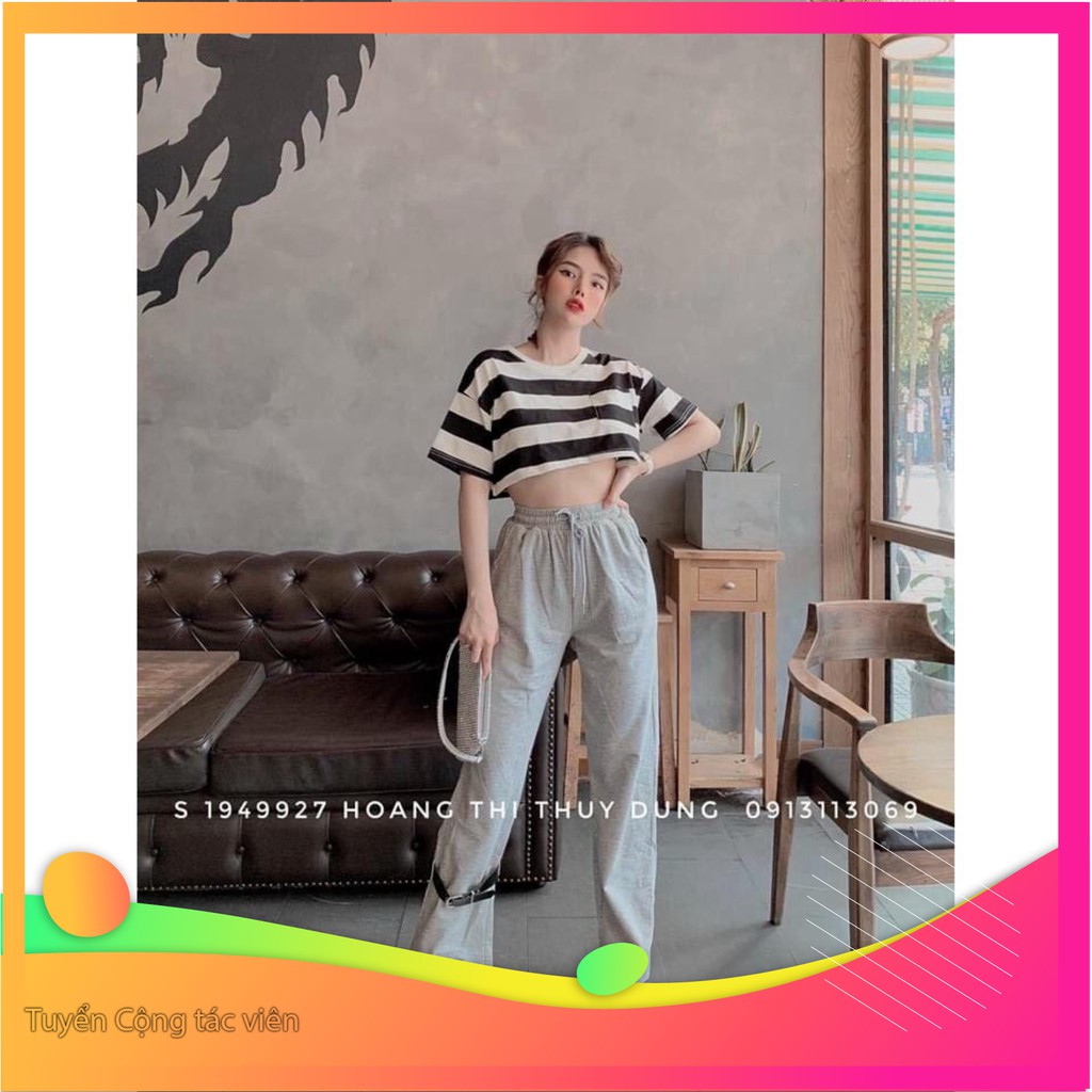 Dọn kho 1143A21B1 Áo thun croptop sọc tay ngắn phom rộng kute Dọn kho